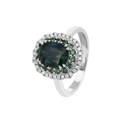 Double Halo Cushion Sapphire Ring